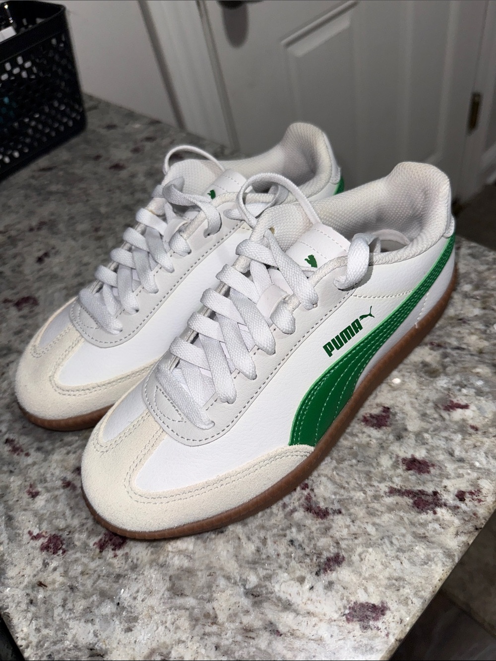 Puma White Sneakers with Green Formstrip and Gum Sole
